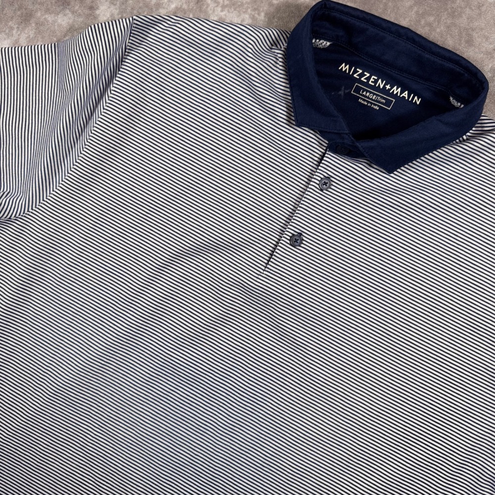 Mizzen + Main Mens Trim Fit Short Sleeve Polo Shirt Navy Blue White Stripe L